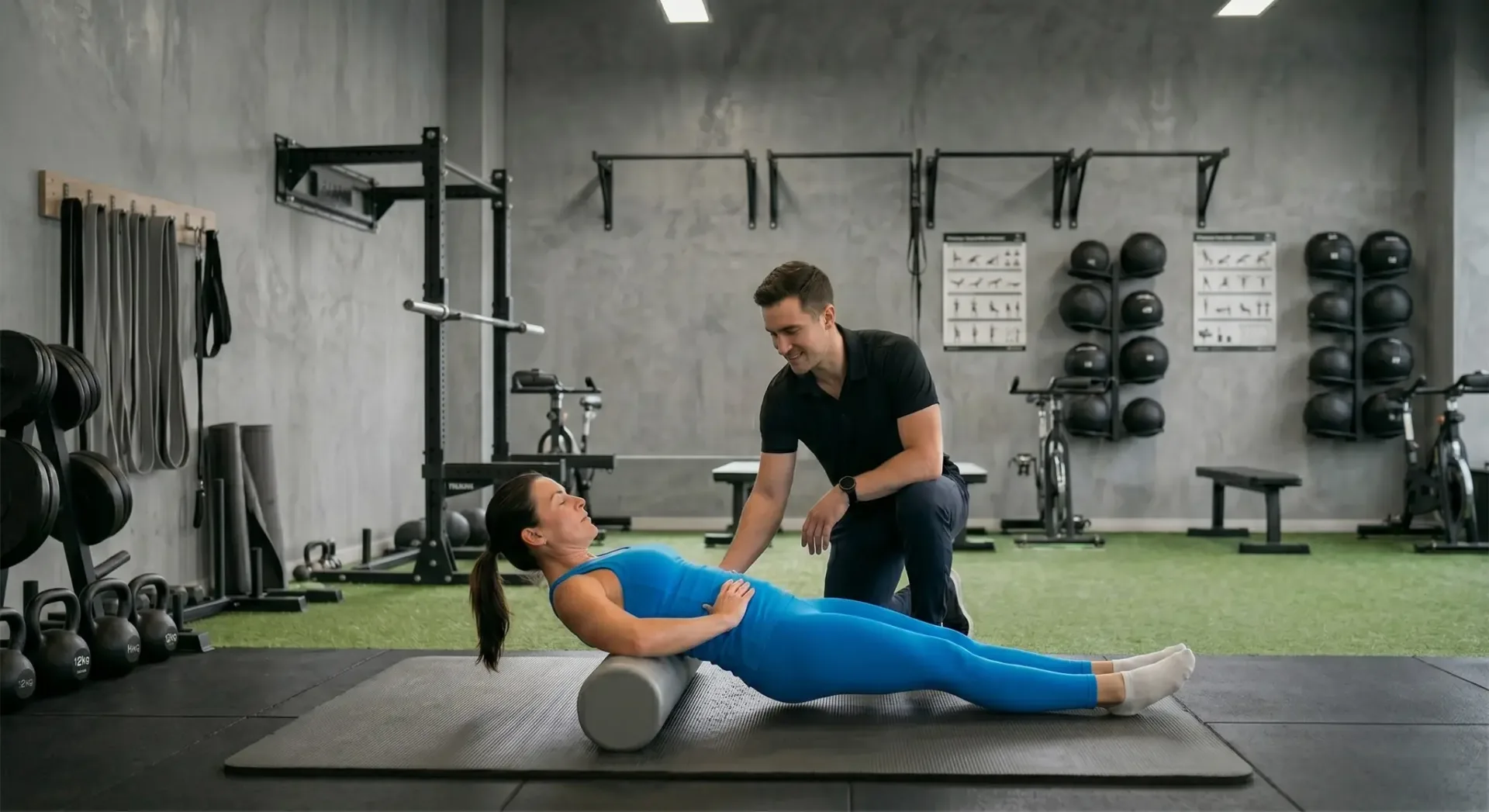 Trainer guiding a client through foam rolling in a bright modern gym at Biokinetics Toronto