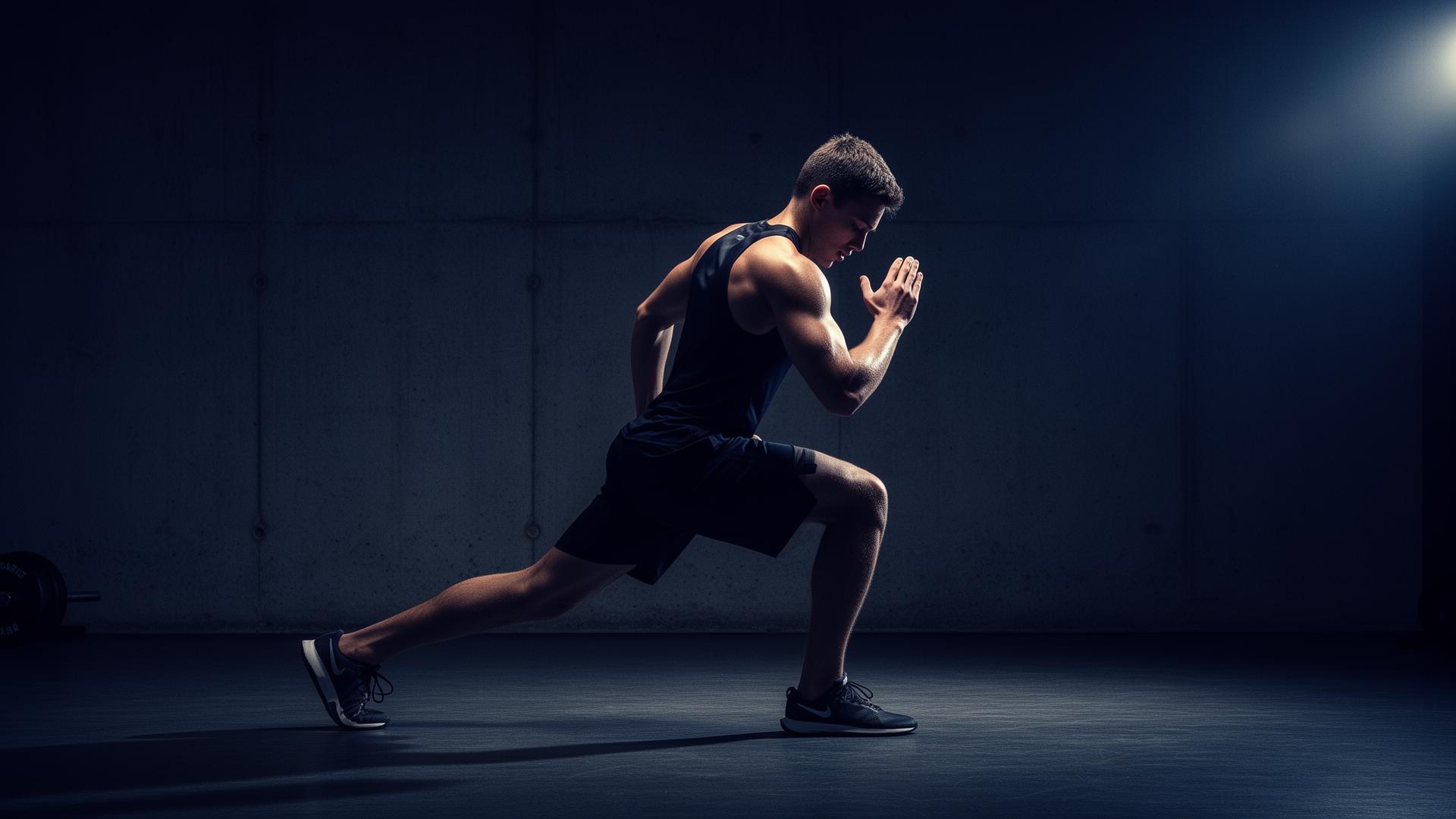Athlete performing a controlled lunge in a dark studio at Biokinetics Toronto